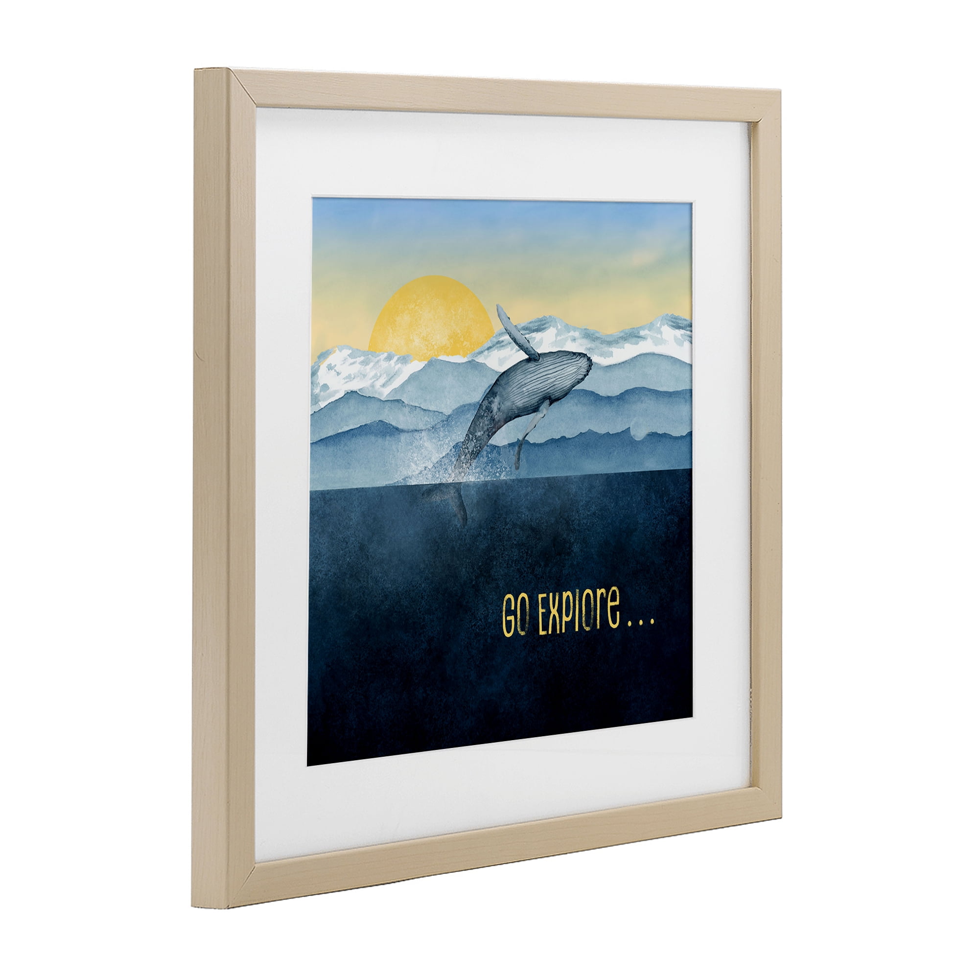Go Explore Whale Breach Birch Framed Print Under Glass, design by Brett Blumenthal