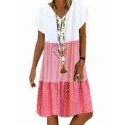 Women Short Sleeve Polka Dot Striped Summer Midi Dress Plus Size Casual Sundress
