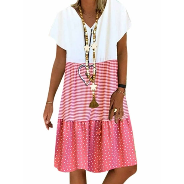Wodstyle - Women Short Sleeve Polka Dot Striped Summer Midi Dress Plus ...