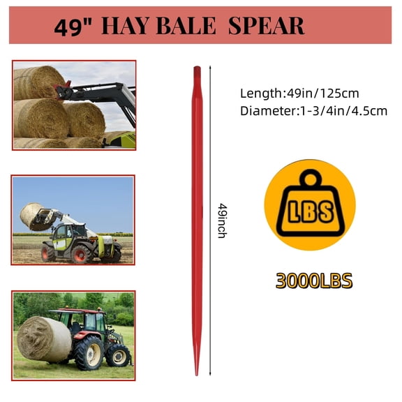 Towallmark 49" Hay Spear Bale Fork, 3000 lbs Capacity, Red Coated, Quick Attach