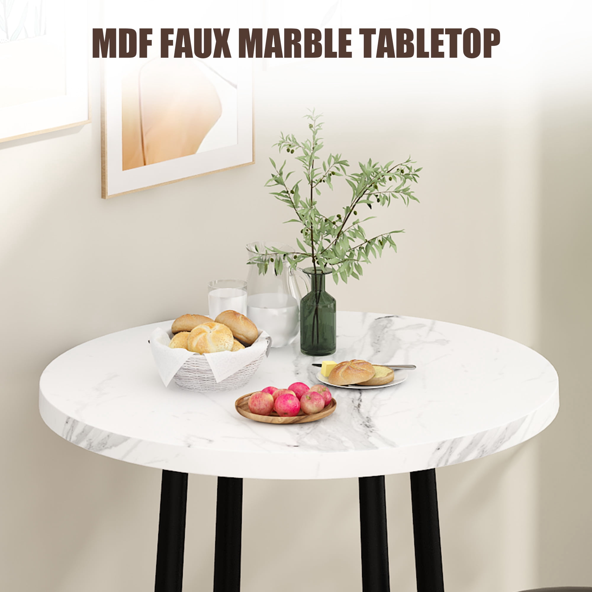 MIERES Round Marble Dining Table Set, 2-Seater Kitchen Dining Set with Two Bar Stools, Compact Dining Table, White