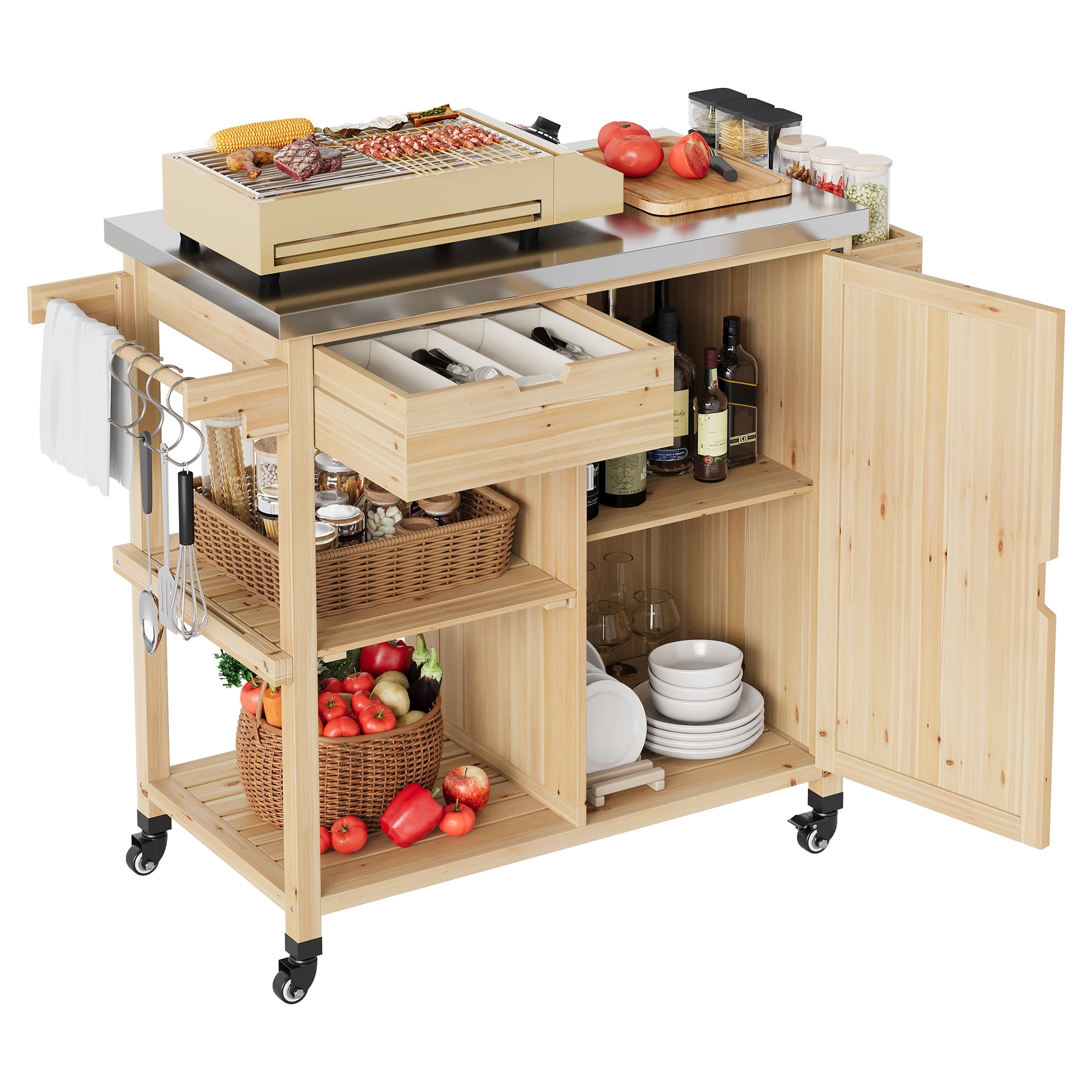 Portable Sturdy Wood Outdoor Grill Cart Kitchen Island – Stainless Steel Top, Wheels, Drawer, Spice Rack, Open Shelves, Rolling BBQ Prep Table, Patio/Backyard, Sturdy Wood Color