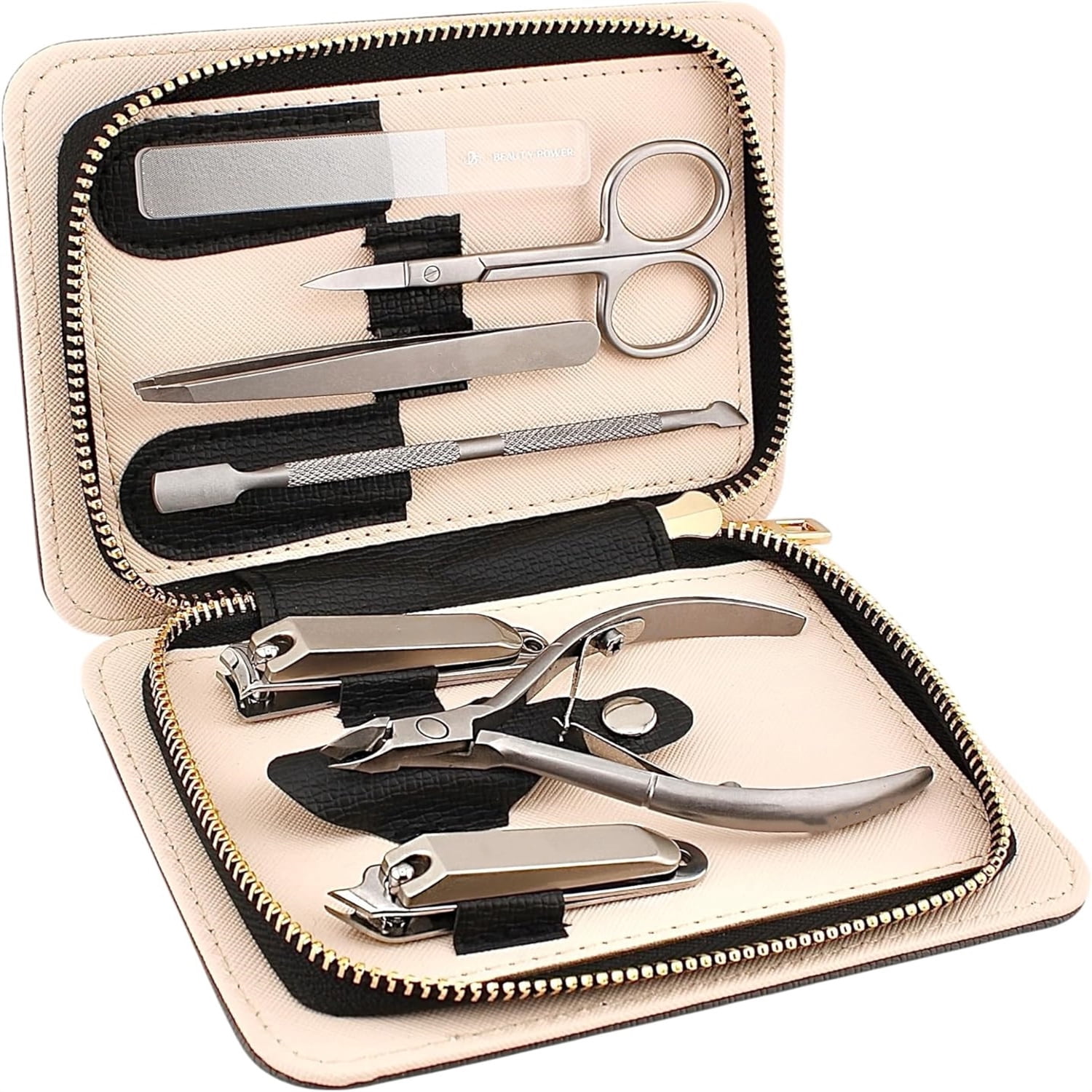 Manicure Pedicure Set 7-in-1 Stainless Steel, Ultra Sharp, Slanted Nail Clipper, Fingernail Clipper, Cuticle Nipper, Glass Nail File, Eyebrow Tweezers, Scissors