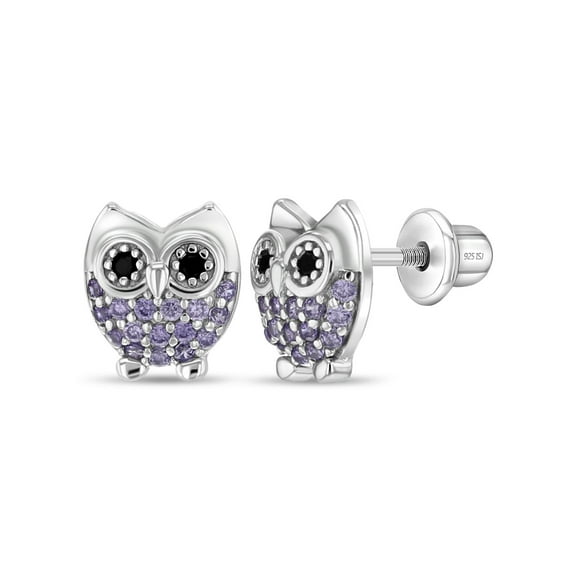 Hoot CZ Owl Baby / Toddler / Kids Earrings Screw Back - Sterling Silver