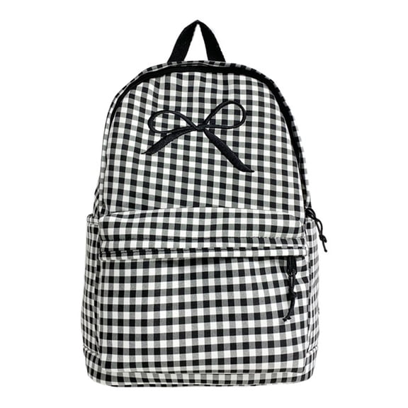 Grid Backpack Heavy Duty, Bowknot Embroidery School Backpack, Durable Student Bookbag for Elementary Primary Middle School, Black