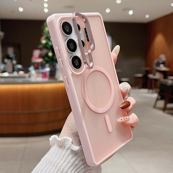 Compatible with Samsung Galaxy S24 Ultra Magnetic Case, [With Metal Camera Ring Stand][Compatible with Mag-safe] [Translucent Matte] Anti-fall Shockproof Protective SkinFeel Phone Case,Pink