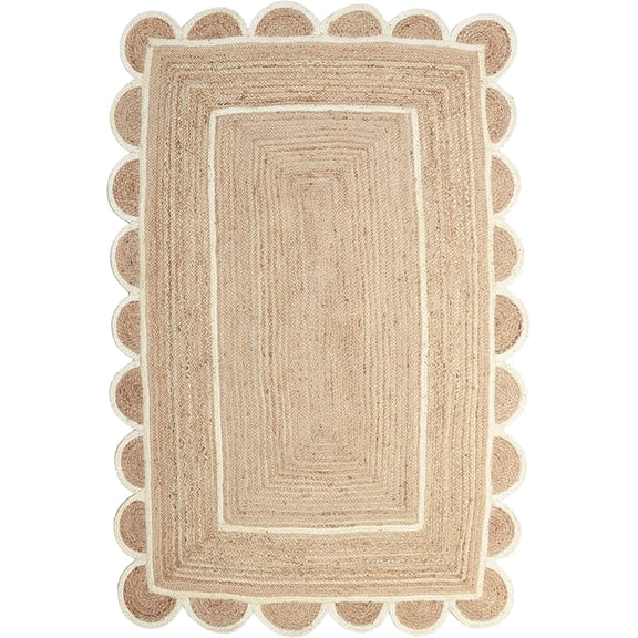 White Border Natural Scallop Pattern Jute Bohemian Area Rug