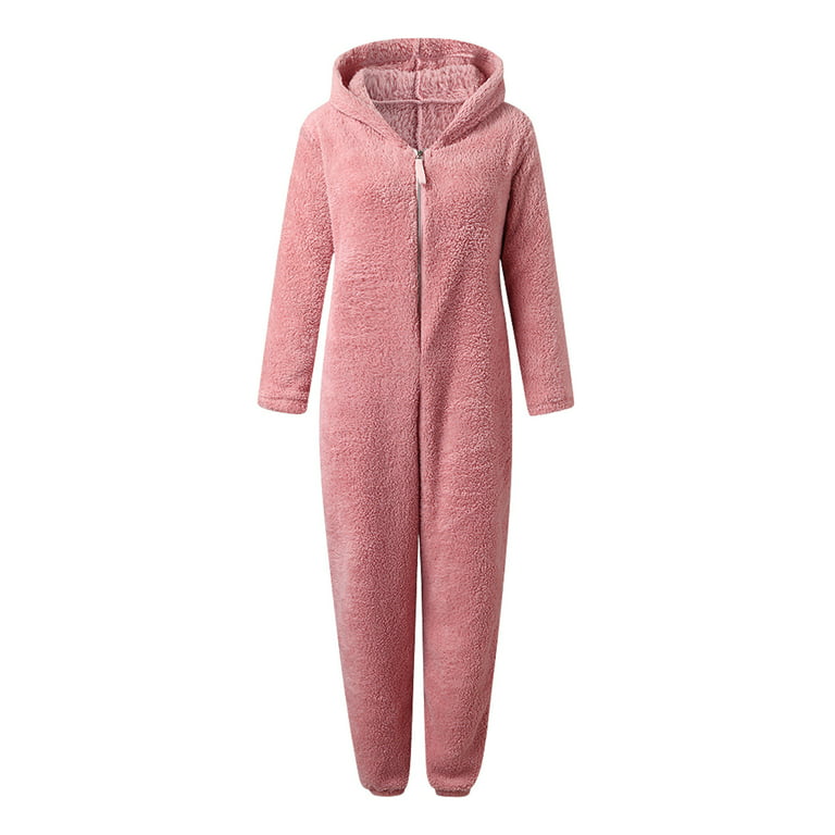 Oxodoi Deals Clearance Women's Plus Size Fleece Pyjamas,Fluffy Soft Hooded  Pyjama Set Winter Fall Cat Ear Pockets Sleeping Jumpsuit Cute Fleece