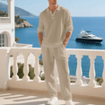 thumbnail image 2 of Men's 2‑Piece Linen Set, Long Sleeve Polo Shirt & Drawstring Casual Pants, Lightweight Breathable Outfit S‑3XL, 2 of 7