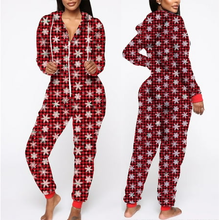 

XIAOFFENN Ladies Casual Christmas Homewear Hooded Zipper One-Piece Homewear Pajamas