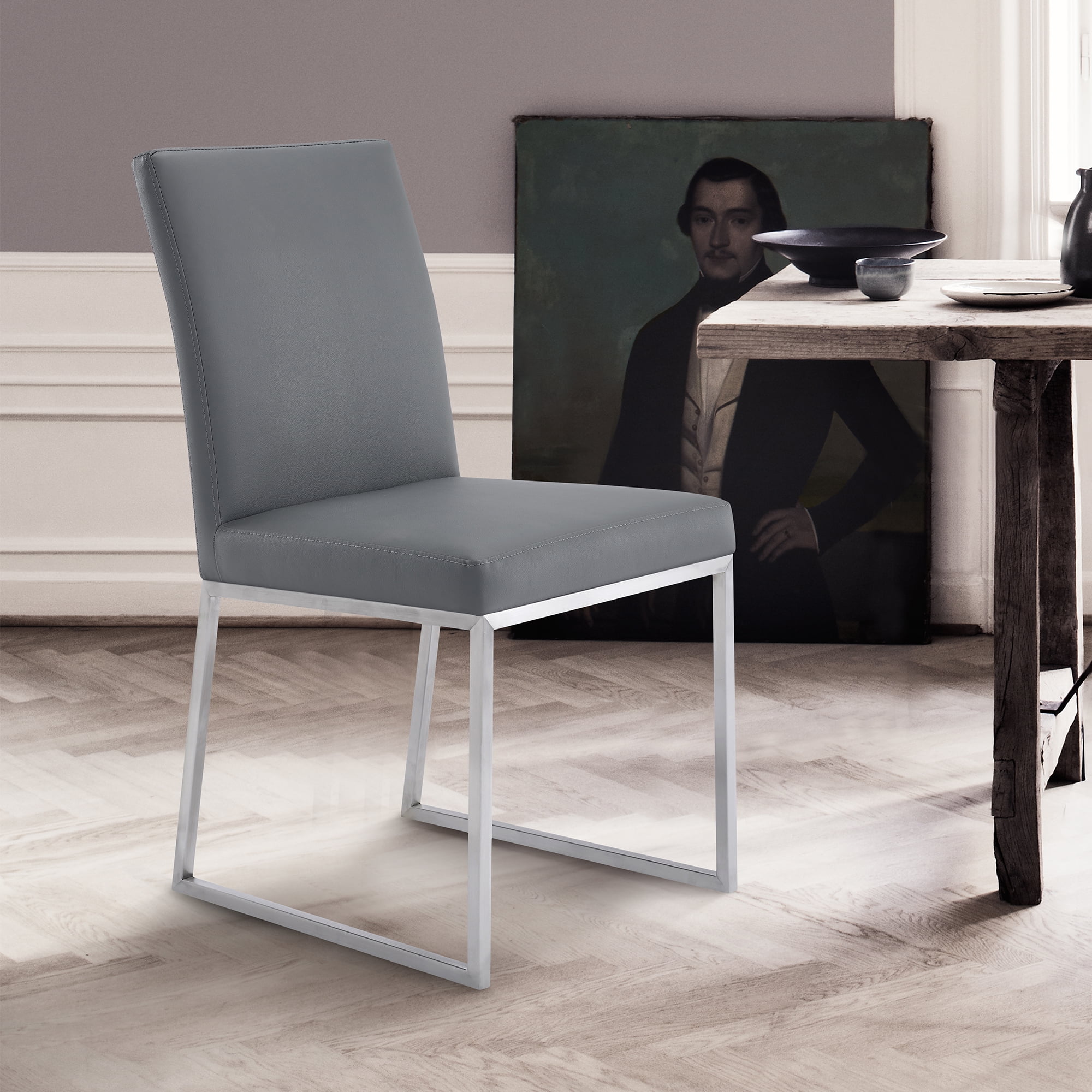 Ronan Contemporary Dining Chair In Brushed Stainless Steel And Grey