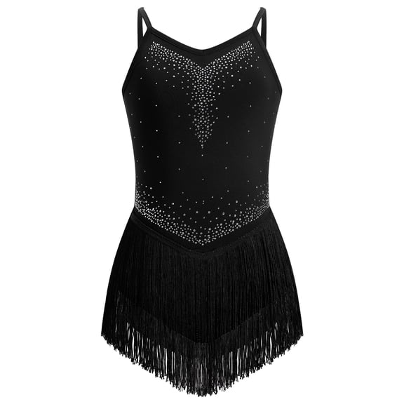 IBTOM CASTLE Girl Rhinestone Sparkly Fringe Bodysuit Tassel Kids Latin Jazz Dance Outfits Crisscross Back Gymnastics Dance Leotard 8-9 Years Black