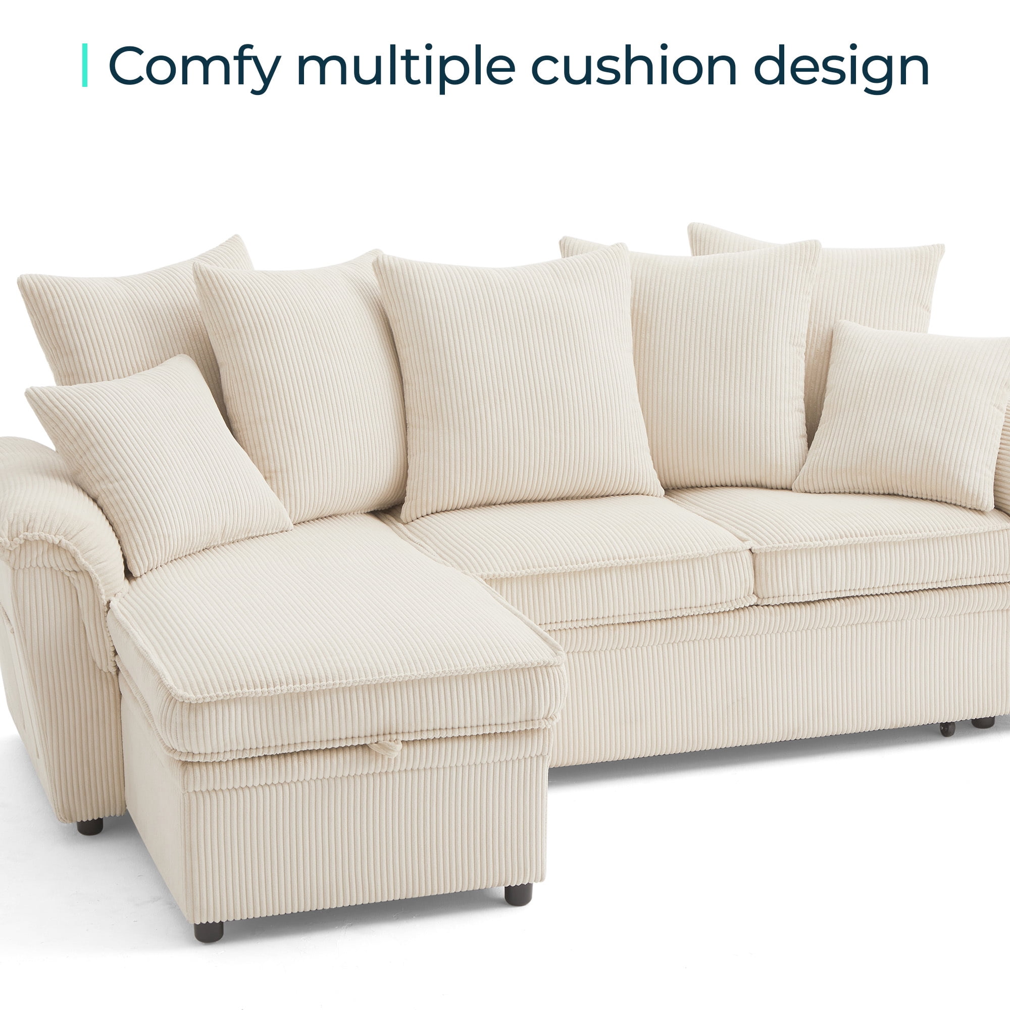 LINSY HOME Modular Sectional Sofa, Pull Out Couch Chaise Lounge, Convertible Loveseat Sofa Couch with Usb & Two Pillows, Beige