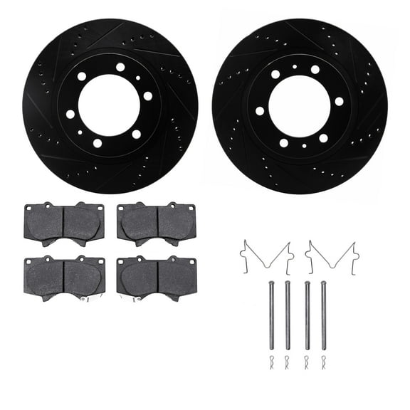 Dynamic Friction Company Front Brake Rotors-Drilled and Slotted-Black with Heavy Duty Brake Pads includes Hardware 8212-76004