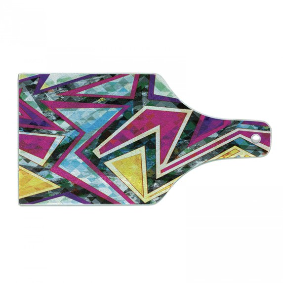 Diamond Cutting Board, Digital Diamond Motifs with Diagonal Technique Effects Pop Art Style Print, Tempered Glass Cutting and Serving Board, Wine Bottle Shape, Pink Yellow Green, by Ambesonne