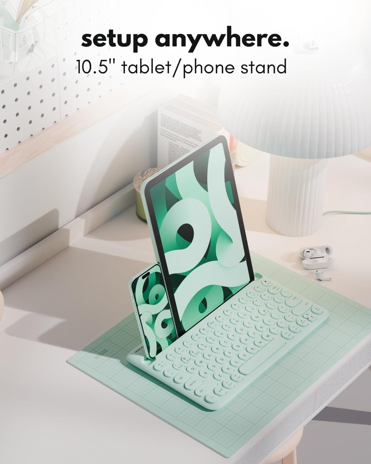 Macally Bluetooth Keyboard for Tablet(Multi-Device, Built-In Stand, Rechargeable) Easy to Use and Cute Portable - Mint Green