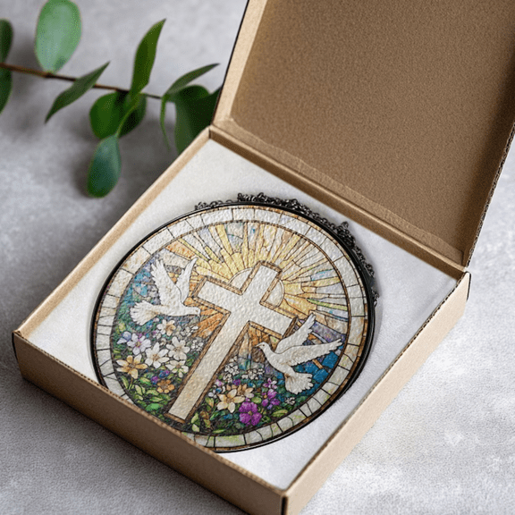 Cross and Wildflowers Stained Glass Window Hanging, Christian Suncatcher Home Decor