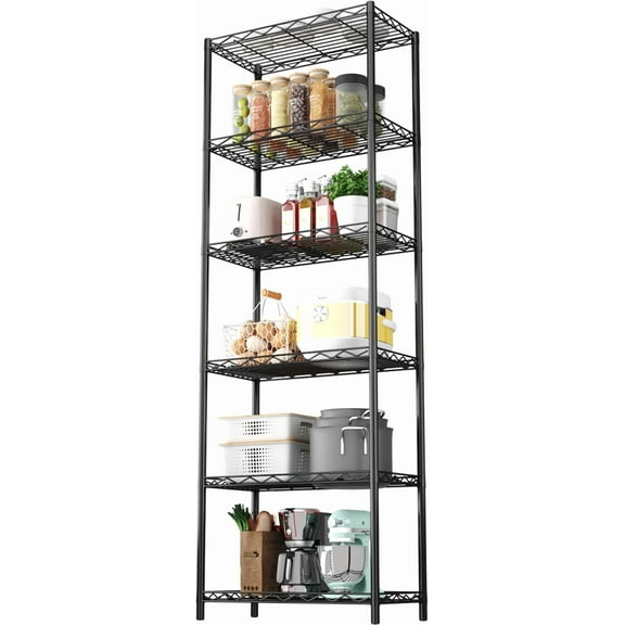6-Tier Wire Shelving, 6 Shelves Unit Metal Storage Rack, Durable Organizer, Perfect for Pantry Closet Kitchen Laundry Organization (Black)