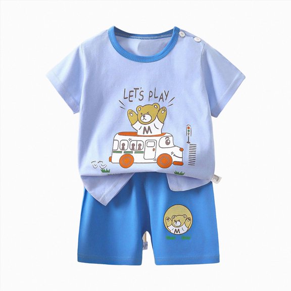 OYXSER Toddler Baby Boy Clothes Summer Outfits Print Short Sleeve T-Shirt and Shorts Set Cool Short Sets, Sky Blue 3-4T