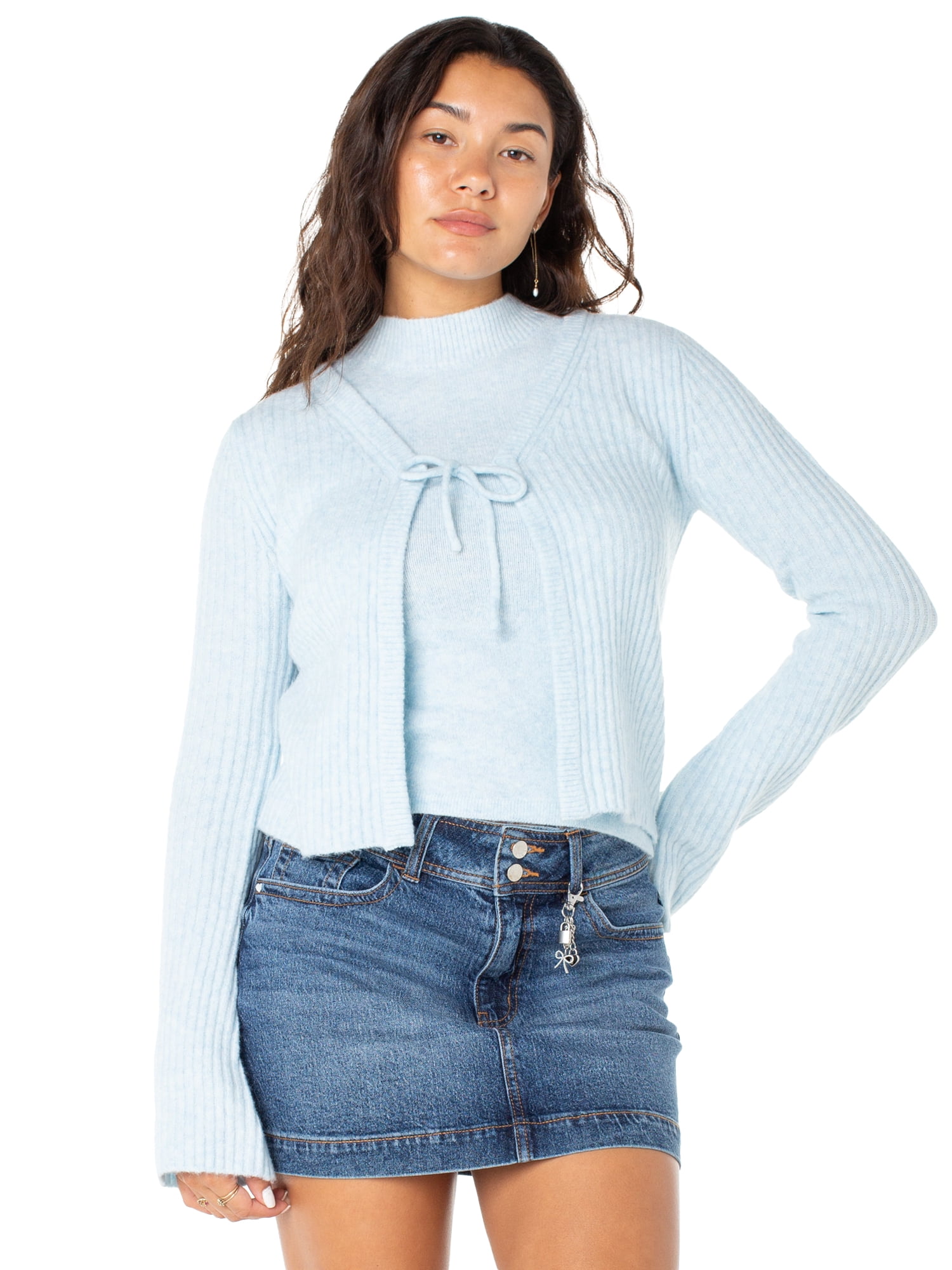 Celebrity Pink Women's 2 Piece Sweater Set Sleeveless Mockneck with Tie Front Cardigan, Sizes XS-XXXL