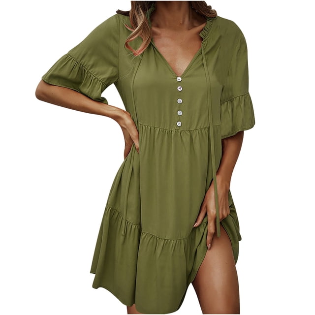 EQWLJWE Femmes Tops Été V-Cou Femmes Robe Manches Courtes Bouton Dentelle Robe Décontractée en Vrac