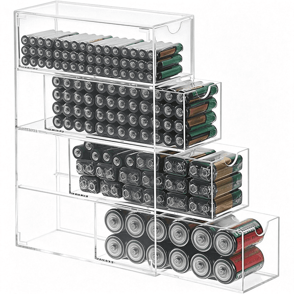 EXLEAF 1 Pack Clear Acrylic Battery Storage Organizer for AA AAA 9V C, 4-Drawer Box Holder for Common Batteries (Batteries Not Included)
