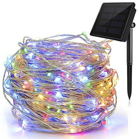Led Solar String Lights Outdoor Solite Outdoor String Lights,100 LED Solar Fairy Lights 33ft Flexible Copper Wire Auto On/Off 8 Modes Waterproof IP65 String Lights for Garden, Patio, Windows, Trees, Party (Multi clours) ()
