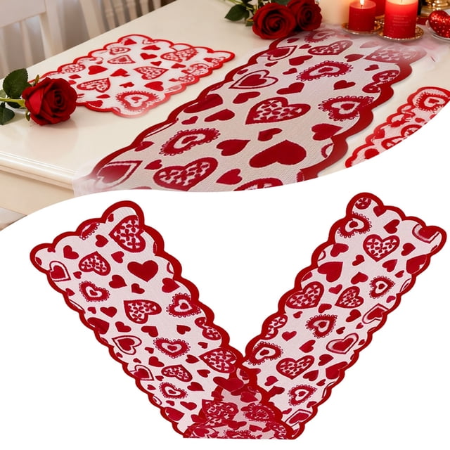 Romantic Holiday Table Runner, Classic Red Color Scheme with Charming Heart Patterns Creates Warm, Suitable for Formal Dining Tables Sideboard Displays and Kitchen Decorations