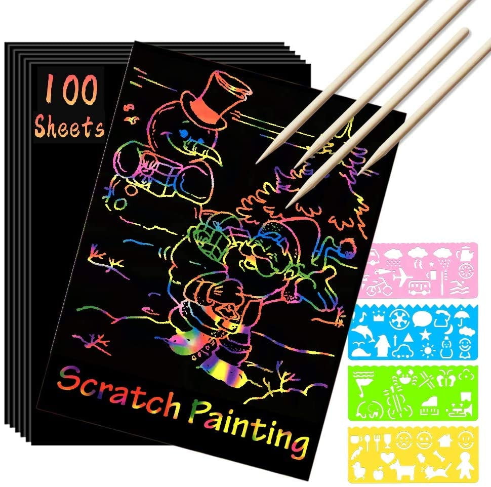 Scratch Paper Art Set, 100 Sheets Rainbow Magic Scratch Art Black Scratch  It Off Paper Crafts Notes Drawing Boards Sheet With 10 Wooden Stylus And 4  Stencils For Kids Diy Christmas Birthday