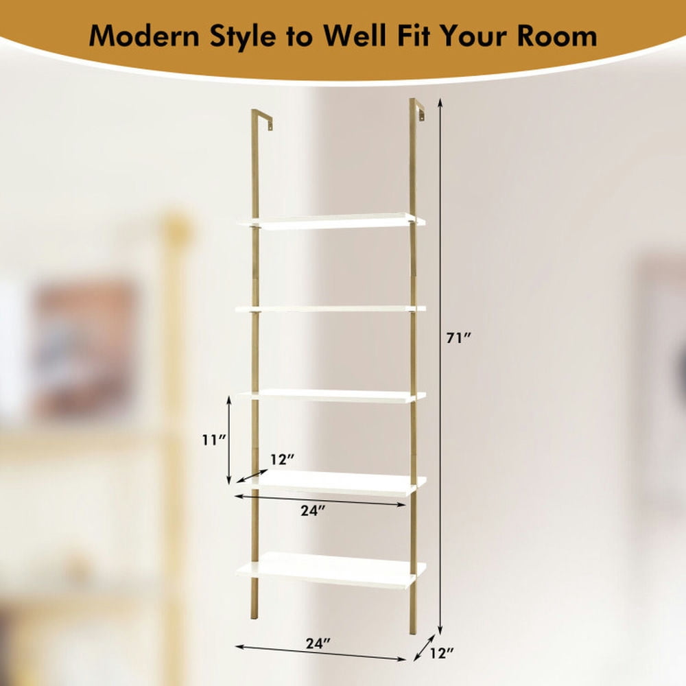 Demi Bonn 5 Tier Ladder Shelf Wall-Mounted Bookshelf, Bookcase with Steel Frame, White