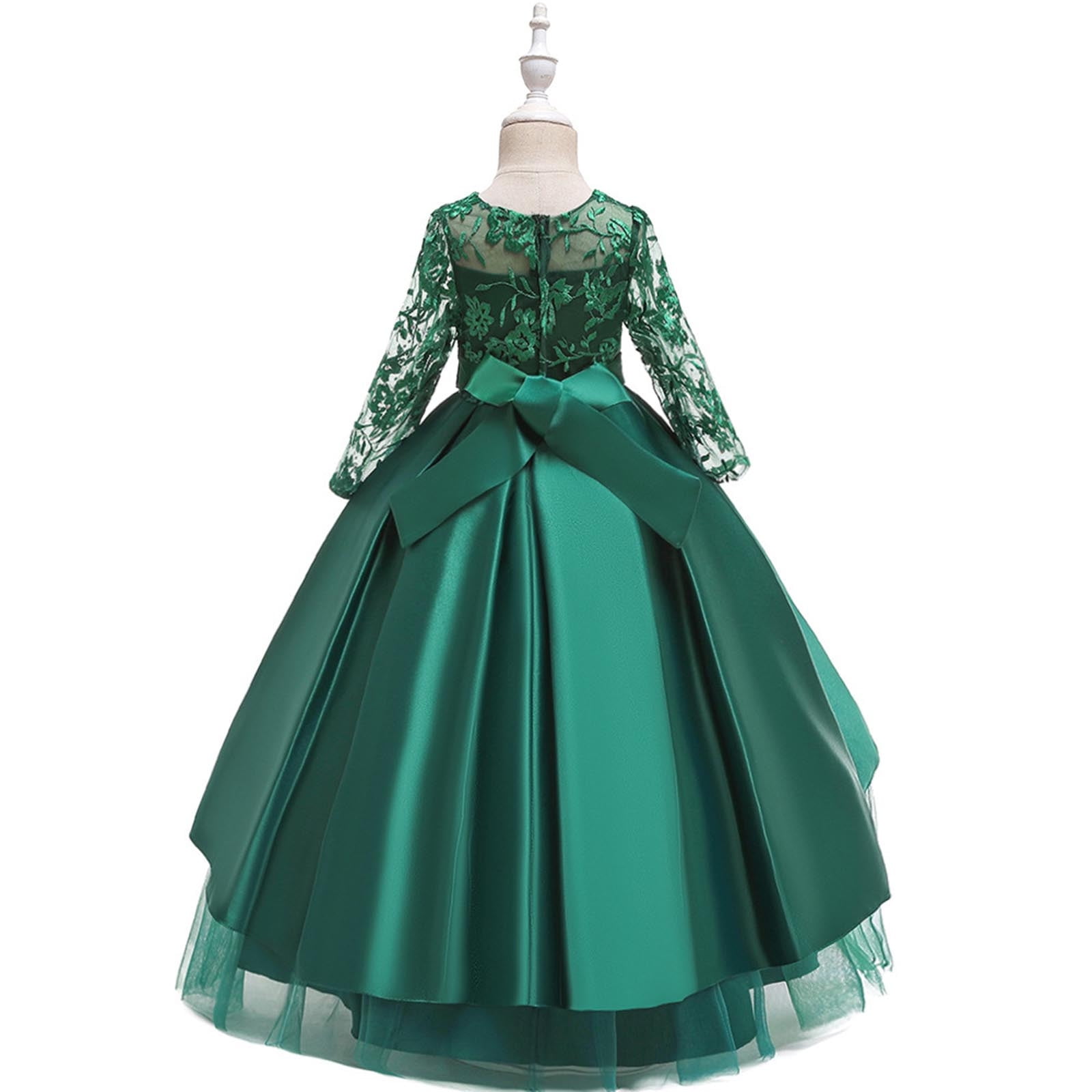 JSGEK Girls Applique Tulle Lace Long Sleeve Dress Princess Wedding Birthday Pageant Party Communion Prom Long Maxi Ball Gown Green 7 Years