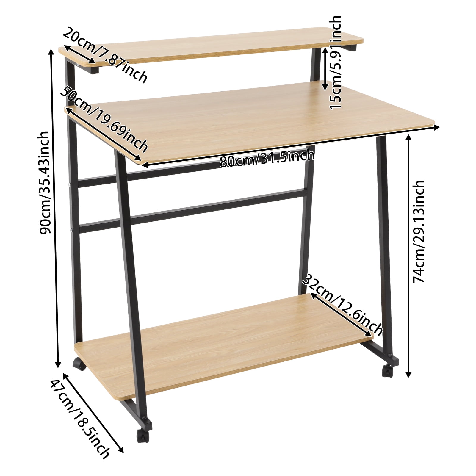 Free Standing Home Office Desk, Rolling 3-Tier Computer Desk (Black+Log Color)