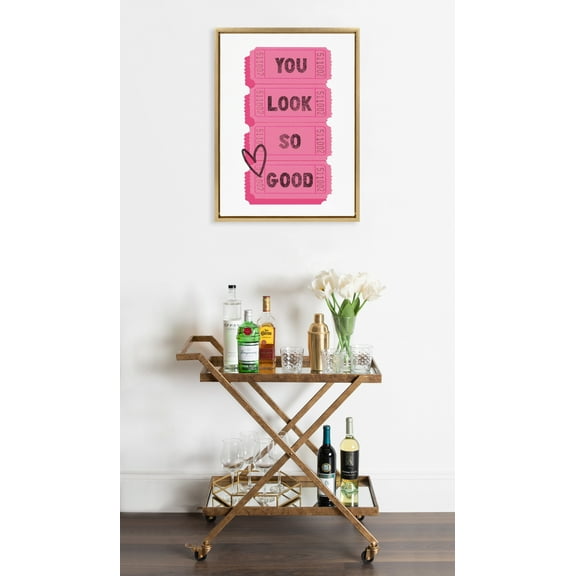 Kate and Laurel Sylvie You Look So Good Pink Tickets Framed Canvas Wall Art by Alli Standefer, 18x24 Bright Gold, Admission Ticket Art for Wall
