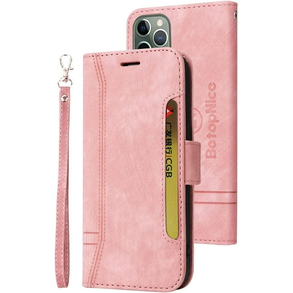 iPhone 11 Pro Wallet Case,PU Leather Folio Kickstand Card Slots Cover for iPhone 11 Pro,Book Folding Flip Case with Detachable Wrist Strap,Protective Cover for iPhone 11 Pro,Pink