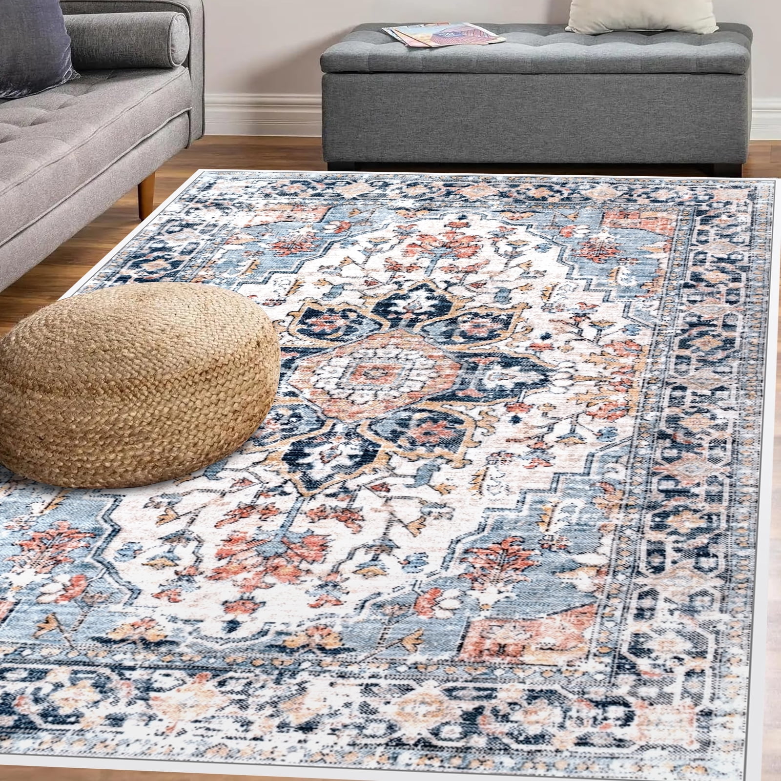 Meafeng Vintage Collection Bohemian Indoor Area Rugs, Machine Washable Rug Non-Slip Carpet for Living Room Bedroom, 6.6' x 10'(7'x10')