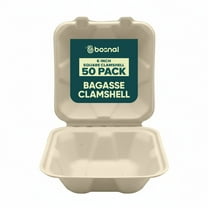 BOSNAL 6 Inch Square Bagasse Clamshell (50 Pack) – Compostable, Biodegradable & Eco-Friendly Disposable Food Containers for Catering, Parties & Takeout