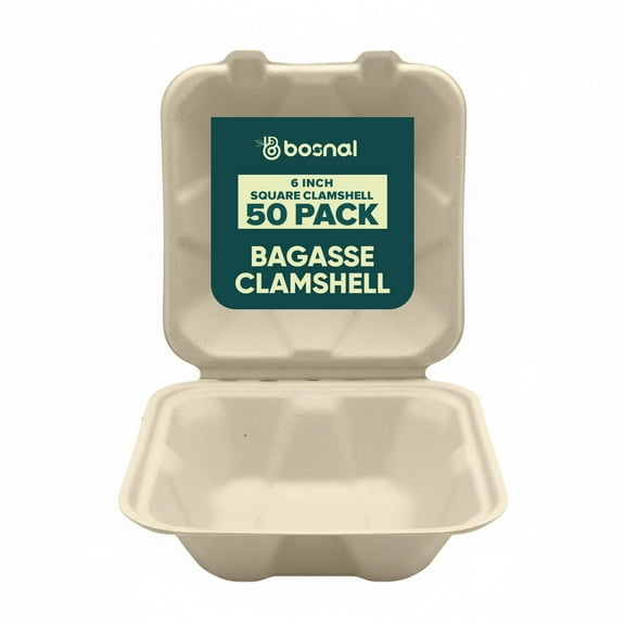 BOSNAL 6 Inch Square Bagasse Clamshell (50 Pack) – Compostable, Biodegradable & Eco-Friendly Disposable Food Containers for Catering, Parties & Takeout