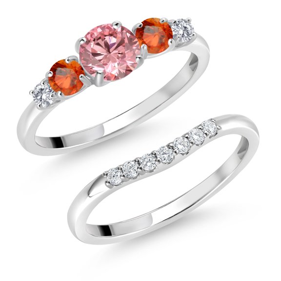 Gem Stone King 10K White Gold Pink and White Lab Grown Diamond Orange Sapphire 5 Stone Bridal Engagement Wedding Ring Set for Women (0.93 Cttw, Round: 5MM and 3MM, Size 5)