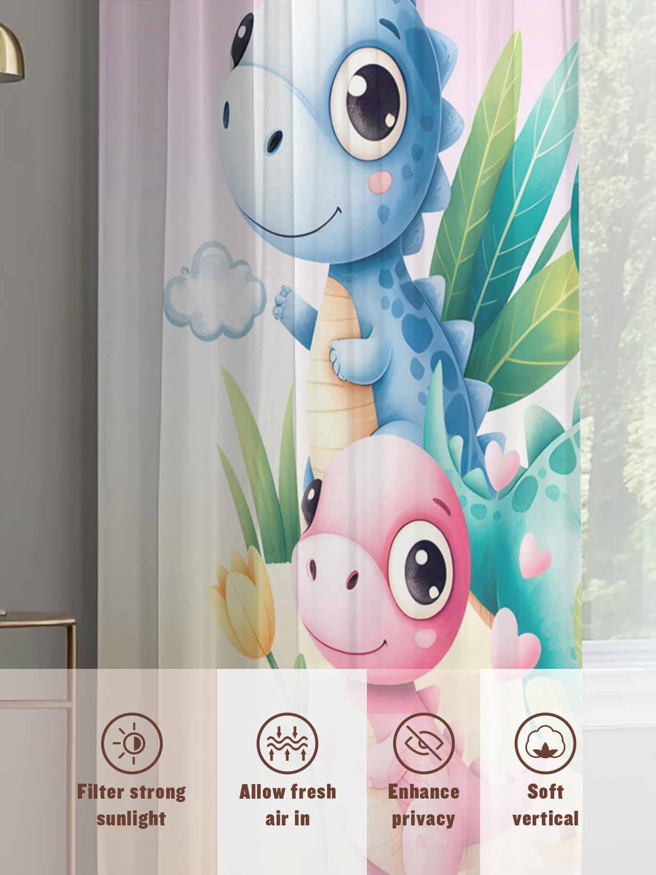 Cartoon Dinosaurs Sheer Curtains 2 Panels Set Just A Boy Who Loves Dinosaurs Gradient Pink Yellow Sheer Window Curtains Light Filtering Rod Pocket Voile Drapes for Bedroom Living Room 52"x54"
