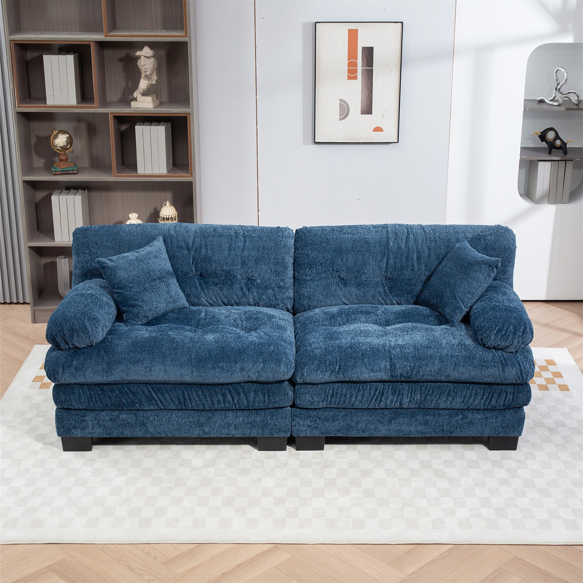 Aukfa 84" Deep Seat Couch Dual-Layer Cushion Modular Sofa for Living Room, 2 Pillows, Chenille, Blue