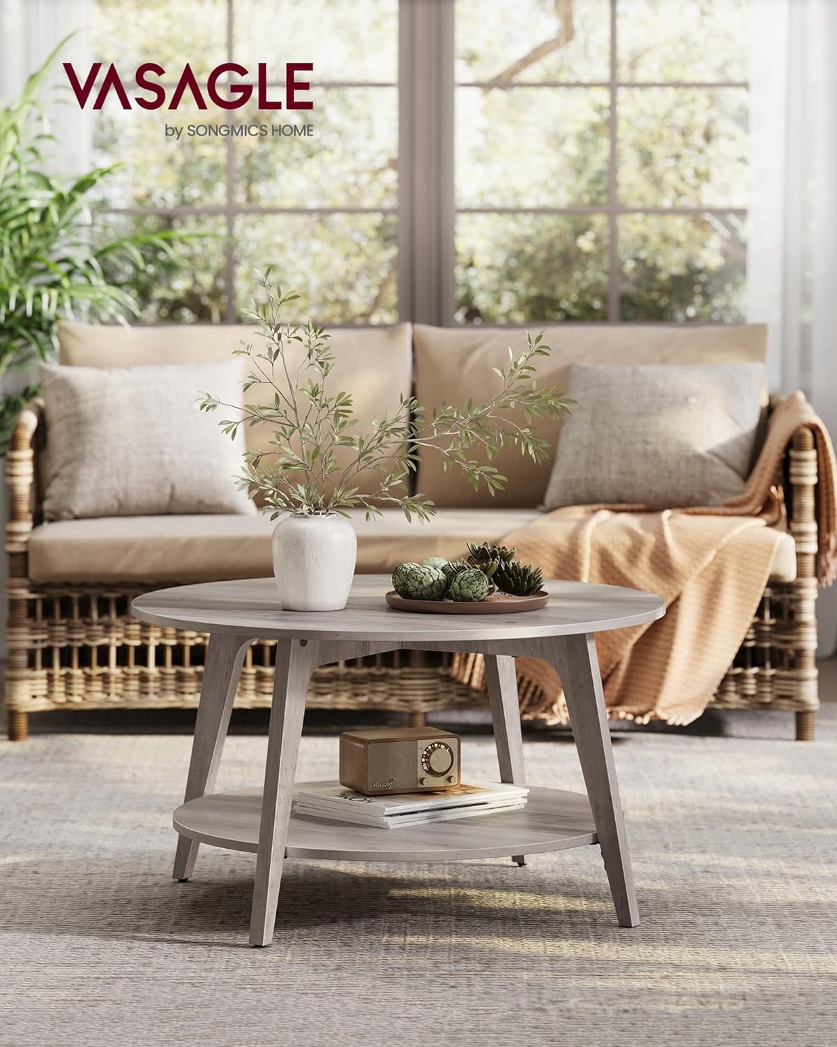 VASAGLE Round Coffee Table, 2 Tier Coffee Table with Storage, for Living Room, 31.5 x 17.7 Inches, Easy to Assemble, Heather Greige