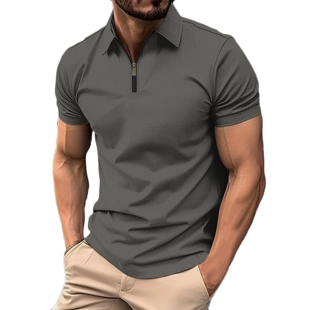 Camisetas Elvqul para Hombre Casuales Algodón Gris Estampilla Manga Corta con Solapa