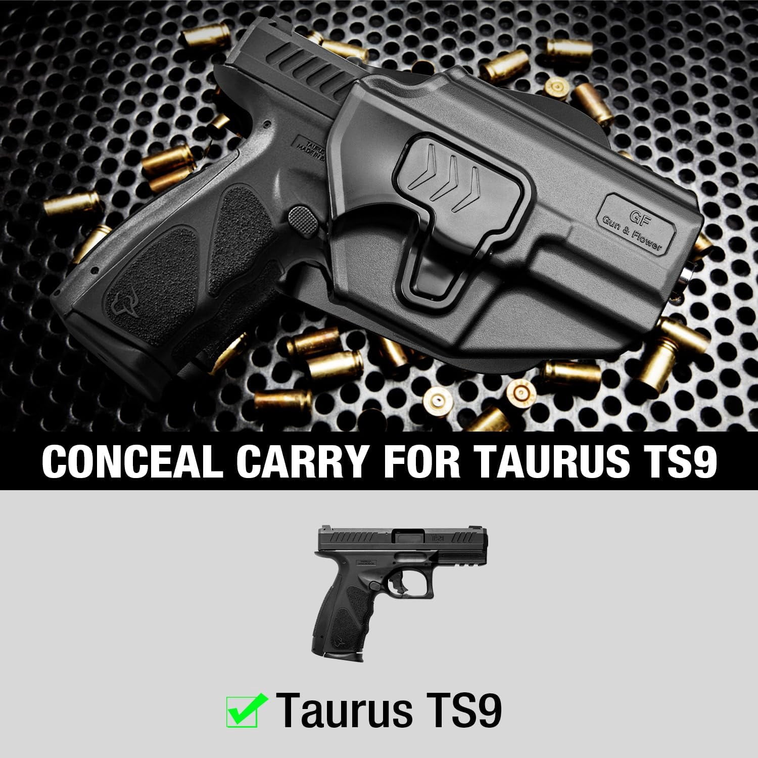Gun & Flower OWB Holster for Taurus TS9, Index Finger Release, Adjustable Cant, Right-Hand