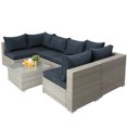 thumbnail image 3 of 7 Piece Outdoor Deck Furniture Sets with 6 Rattan Wicker Chairs, Coffee Table, All-Weather Patio Conversation Set with Dark Blue Cushions for Backyard, Porch, Garden, Poolside, LLL1308, 3 of 8
