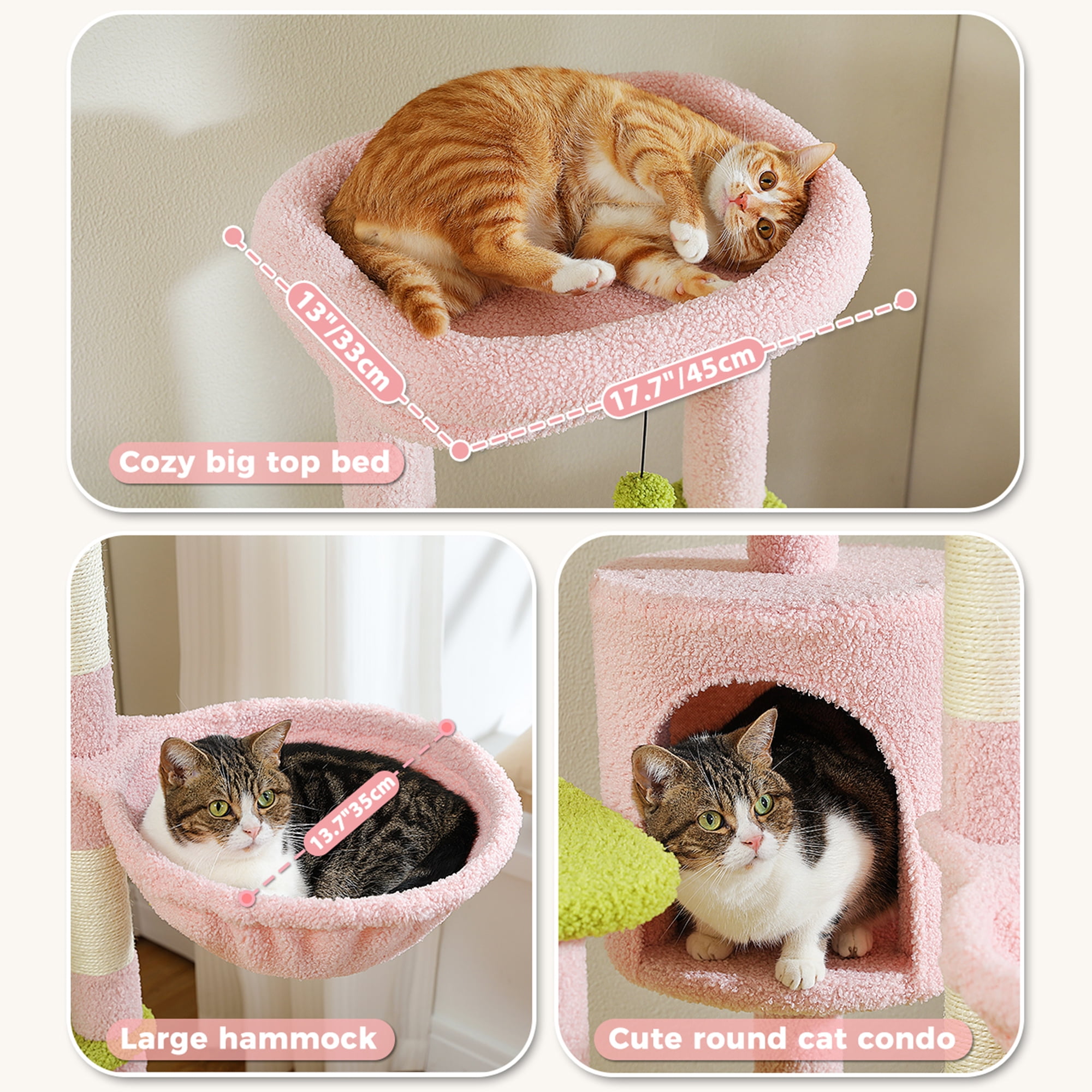 Kadyn 59" Cat Tree Tower for Indoor Cats, Multi-Level Cat Condo with 3 Removable Pompom Sticks, Cat Tree House with Hammock, Scratching Post, and 2 Perches, Pink