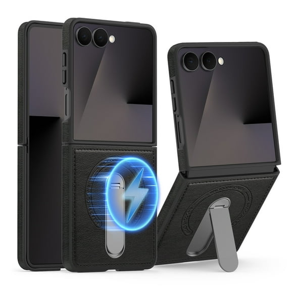Dteck Magnetic Case for Samsung Galaxy Z Flip 7 with Rotating Metal Stand, Compatible with MagSafe, Slim PU Leather Shockprood Phone Cover for Galaxy Z Flip 7,Black