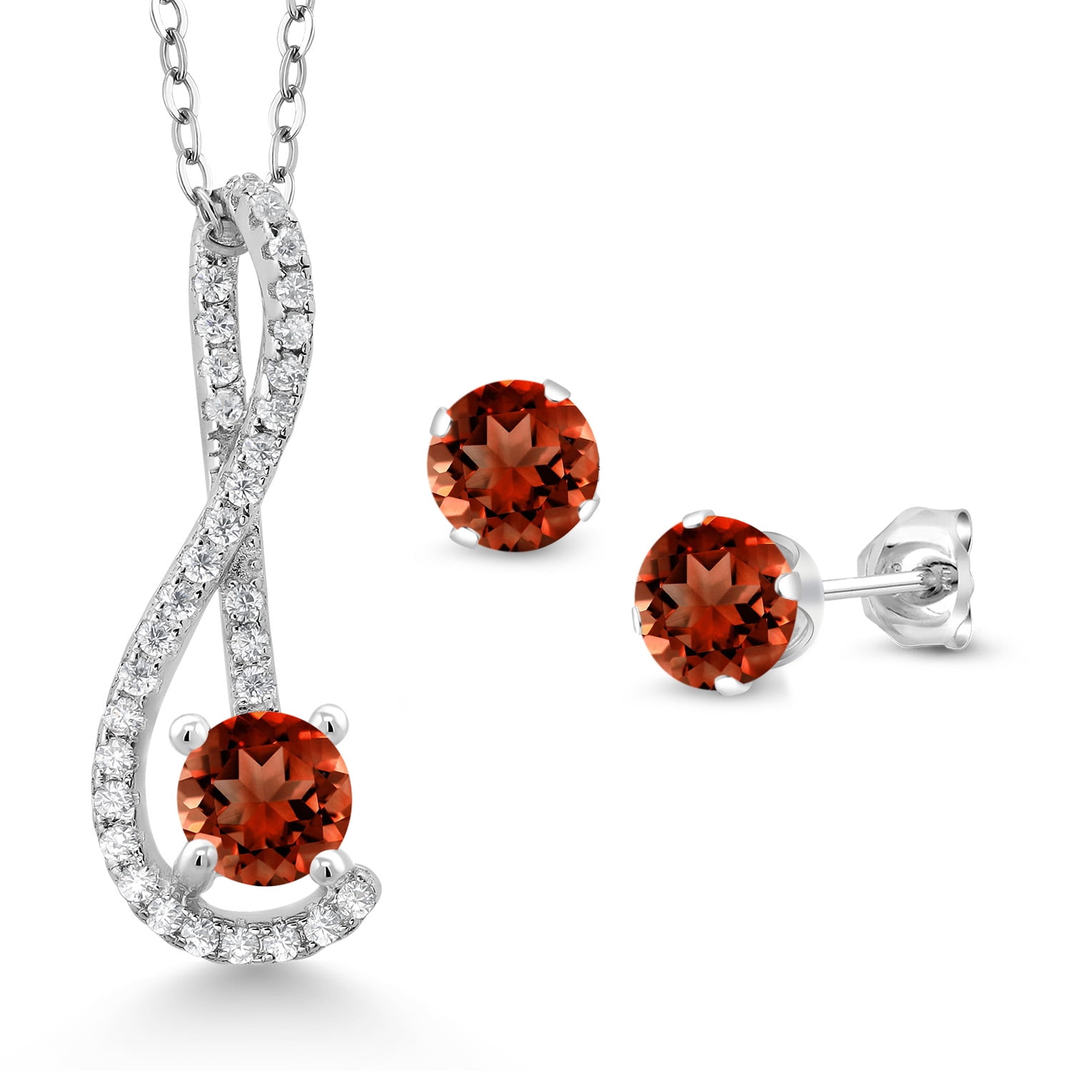 Gem Stone King 3.26 Ct Red Garnet White Created Sapphire 925 Sterling Silver Pendant and Earrings Jewelry Set
