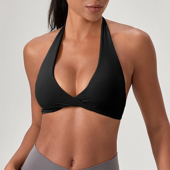 Abomasnow Halter Sports Bra for Women Padded Yoga Bras Low Impact Gym Workout Bralette Open Back Twist Front V-Neck Everyday Bra