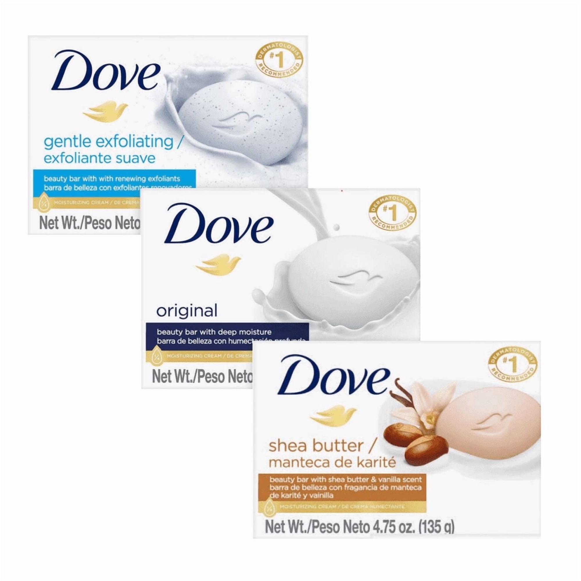 Dove Bar Soap Variety 12-Pack – Original White + Gentle Exfoliating + Shea Butter, 4.75 Ounce Each