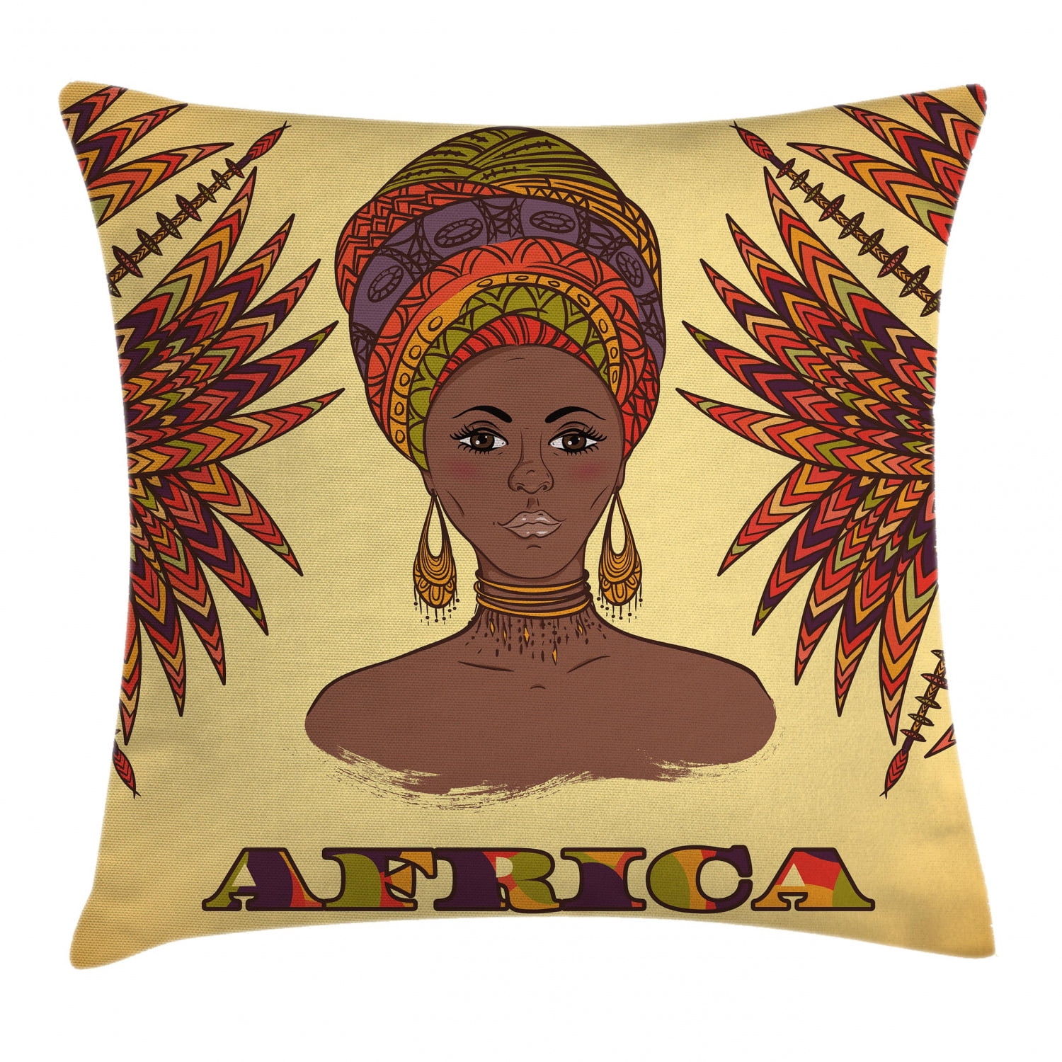 African Throw Pillow Cushion Cover, Ethnic Woman in Traditional Turban